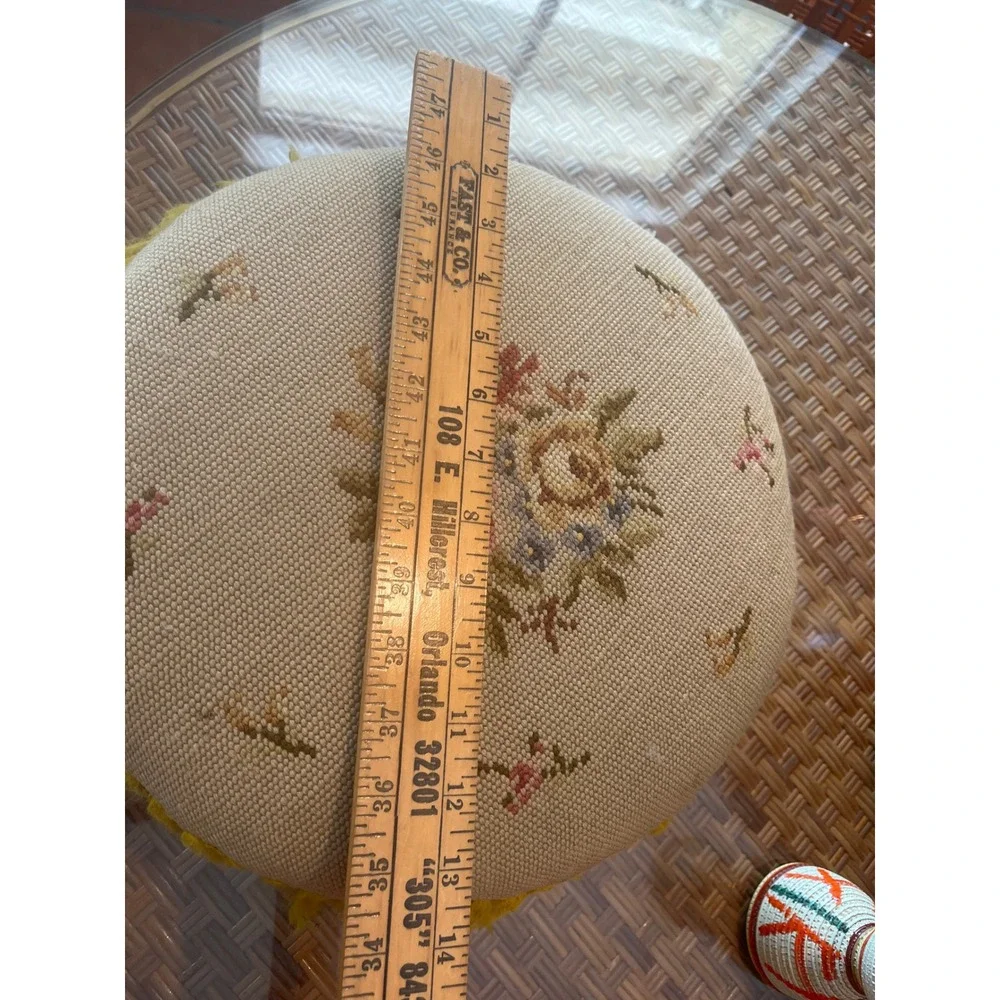 Antique Round Tan Floral Tapestry‎ Needlepoint wood Footstool Stool